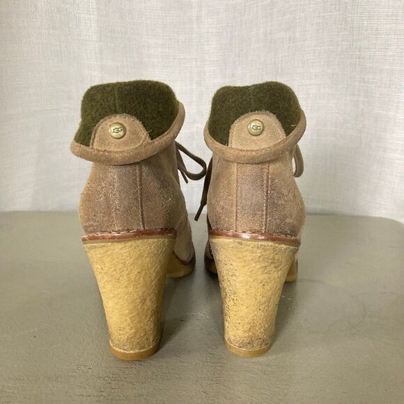 UGG Calynda Tan Suede Leather Heeled Booties Lace Up Sz 8 Shearling Lined Fall - Picture 9 of 11